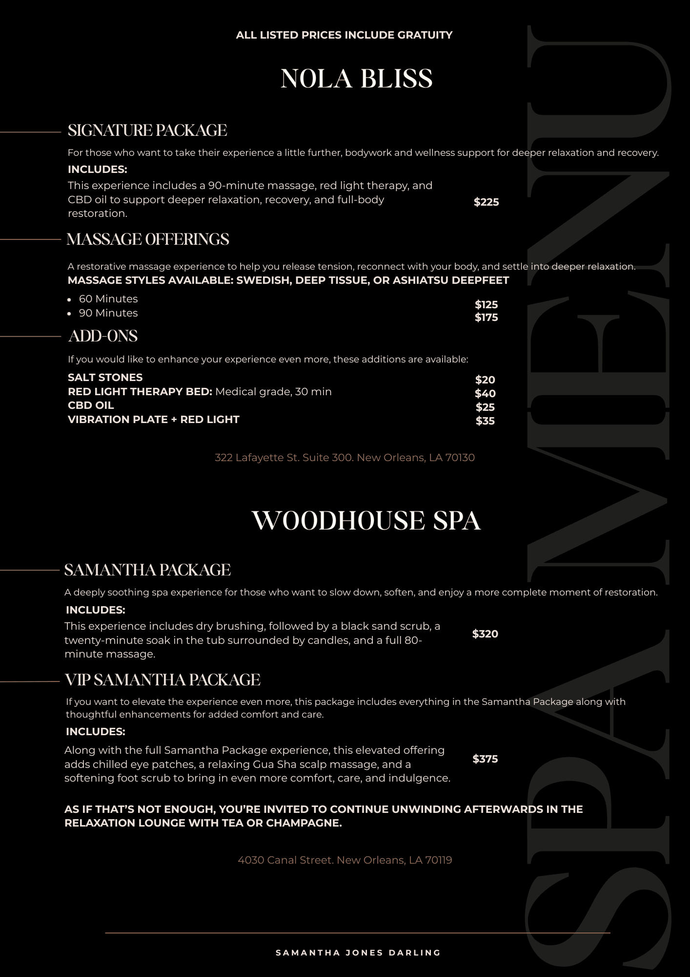 NoLa Bliss spa menu design from Samantha’s business portfolio